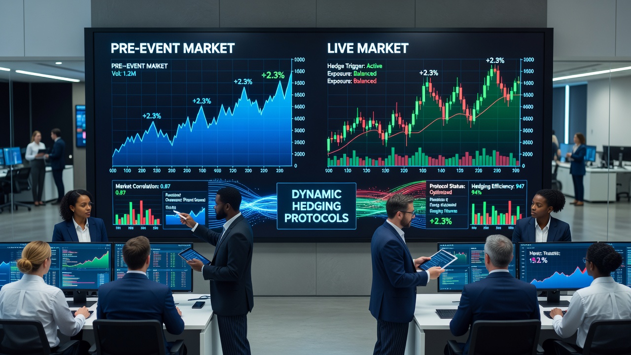 Algorithmic trading screens displaying pre-event odds alongside live market movements with hedging alerts highlighted