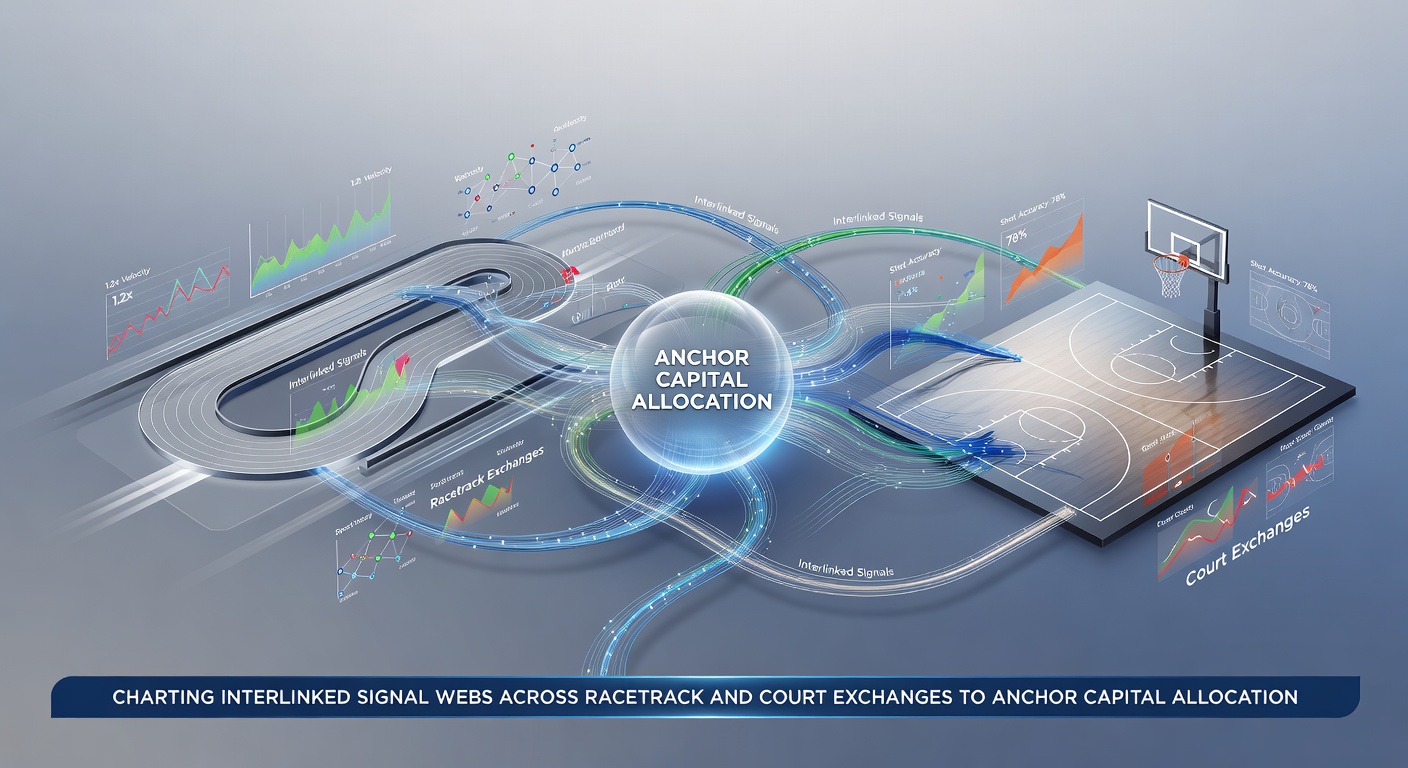 Diagram illustrating interconnected data signals flowing between horse racing tracks and tennis or basketball courts for capital allocation decisions