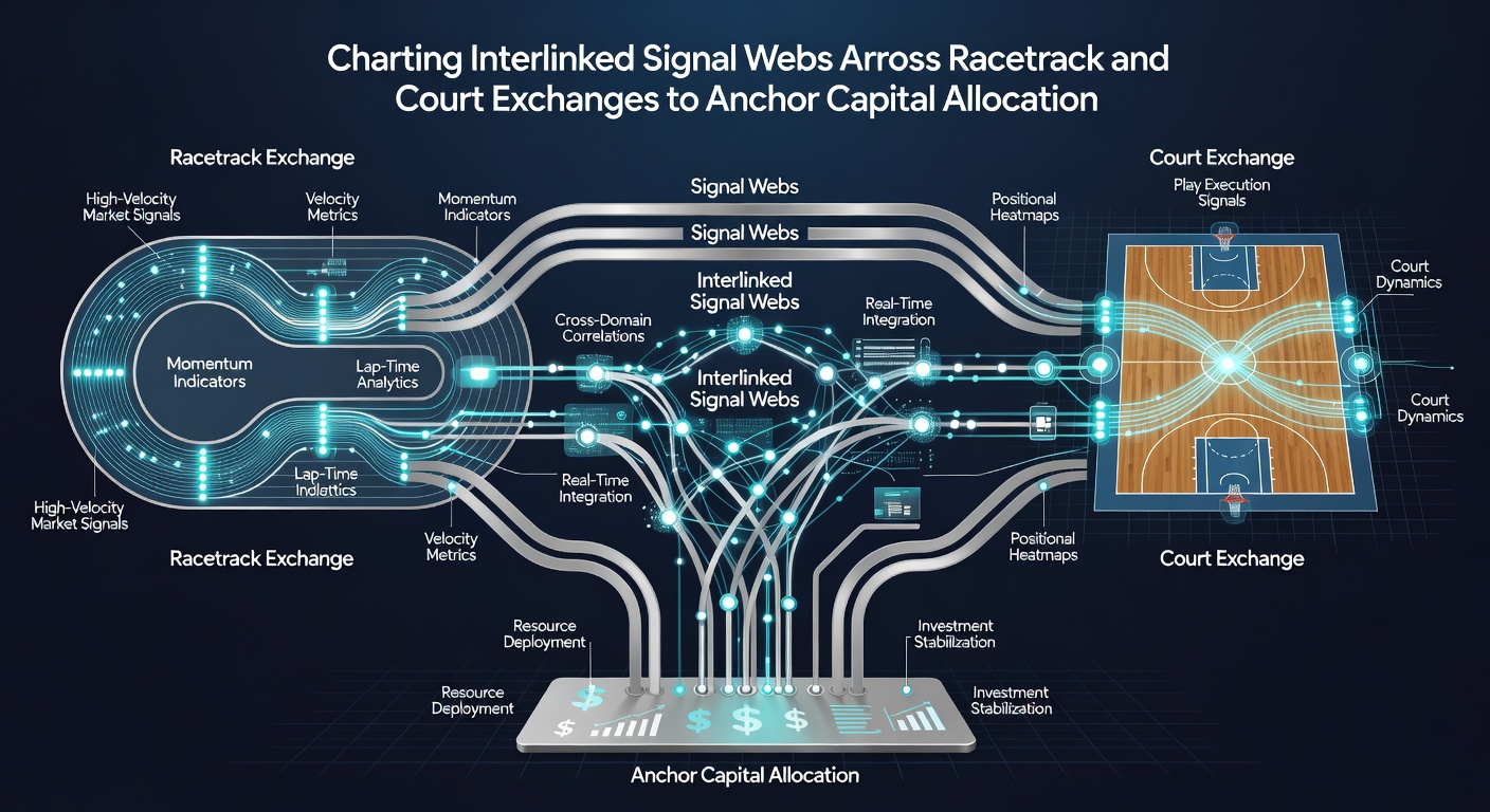 Network graph showing signal pathways connecting racetrack metrics with court sport exchanges for allocation anchoring
