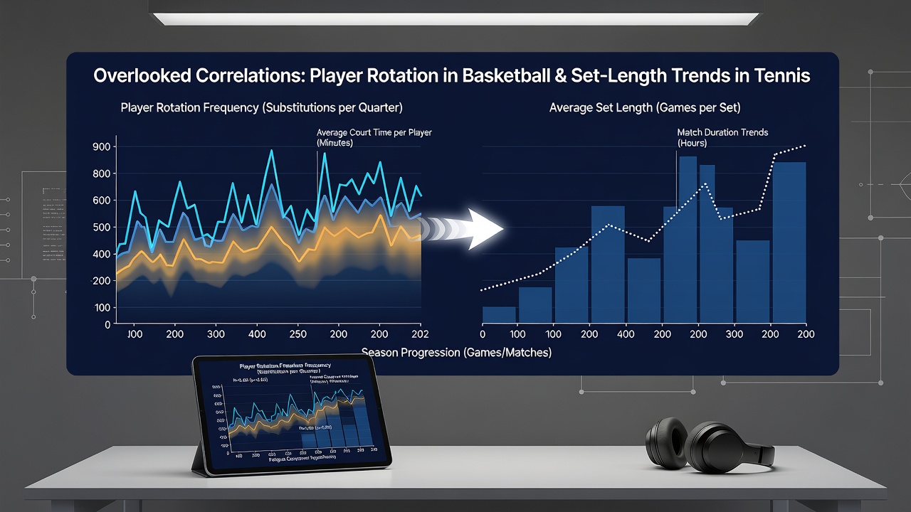 Side-by-side comparison charts of NBA rotation impact on scoring margins and ATP set duration effects on serve statistics