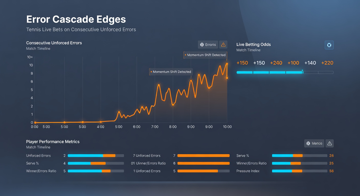 Close-up chart displaying error cascade probabilities in live tennis matches, with bars showing win rates dropping after two and three consecutive unforced errors