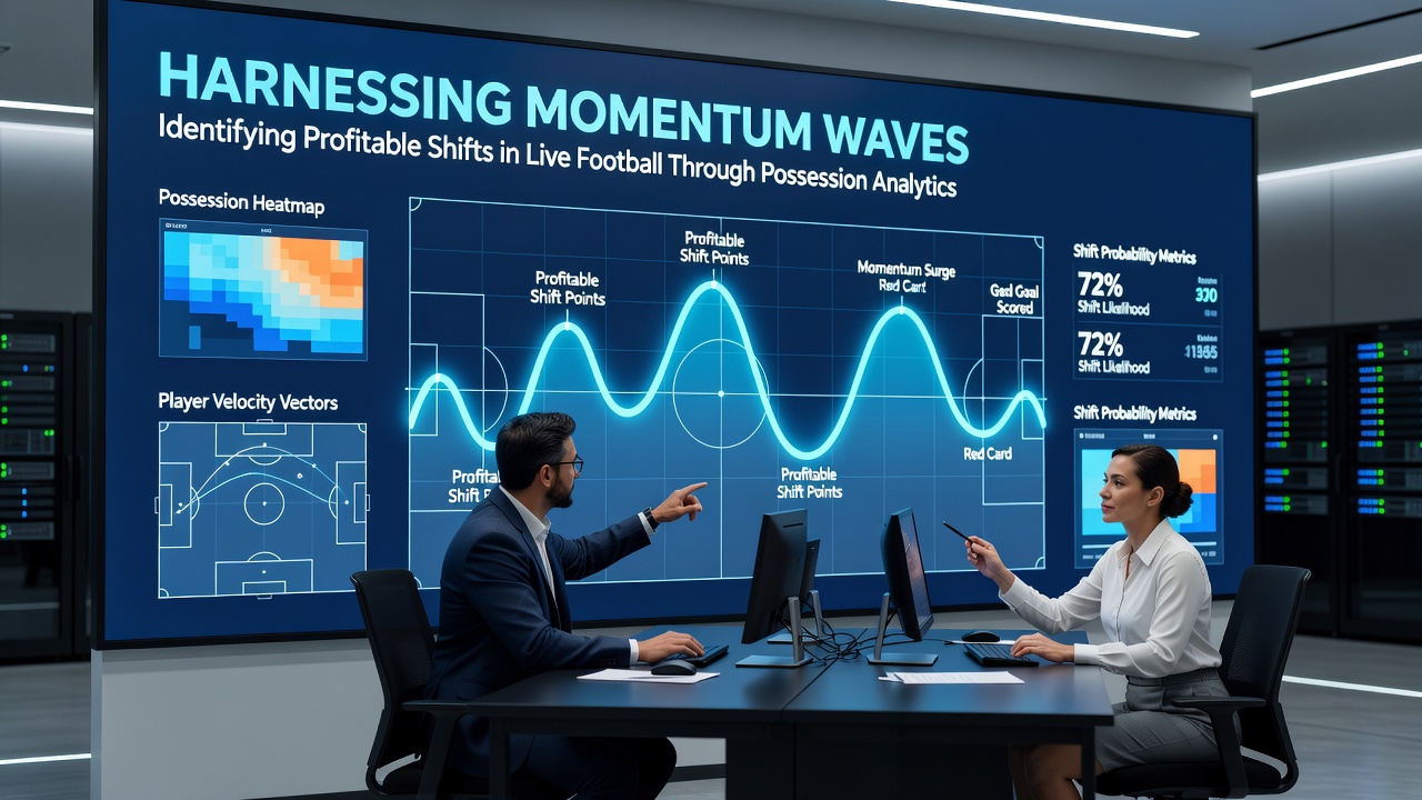 Analyst reviewing real-time possession heat maps on multiple screens during a live football broadcast