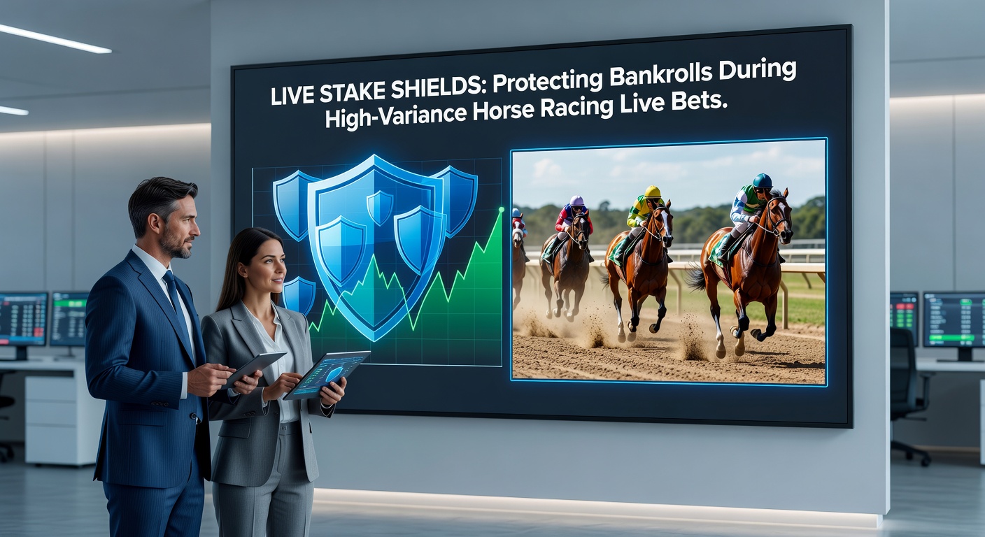 Graph illustrating bankroll curves: one plunging without shields during a volatile live betting sequence, another stabilizing with stake controls overlaid on a racetrack backdrop