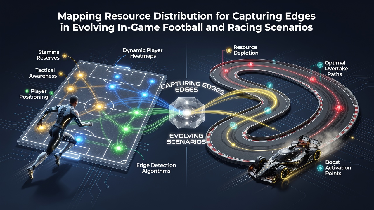 Visual representation of resource distribution mapping across a football pitch and racing track with data overlays showing player energy levels and pace vectors