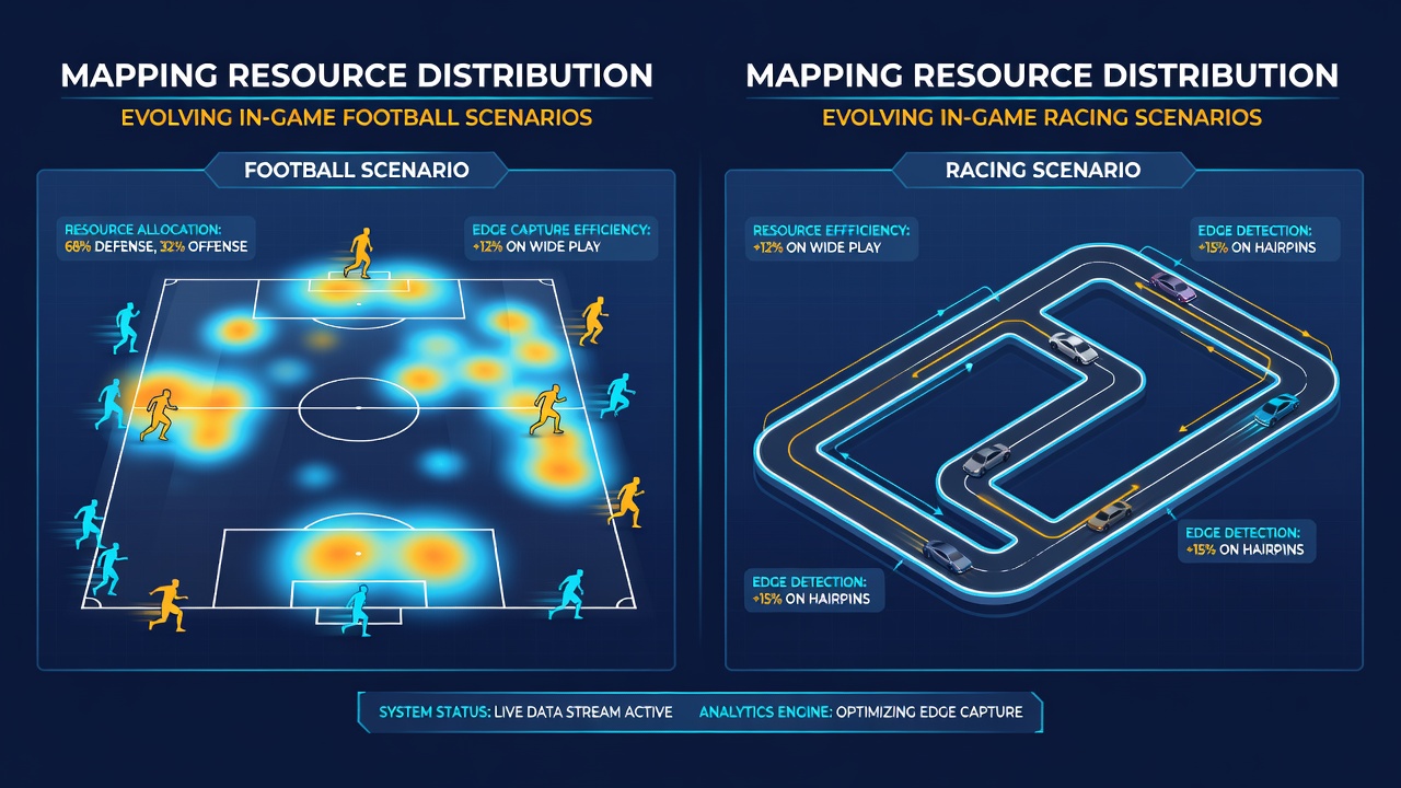Detailed chart showing real-time stamina curves and positional resource shifts during a live horse race and football match side by side