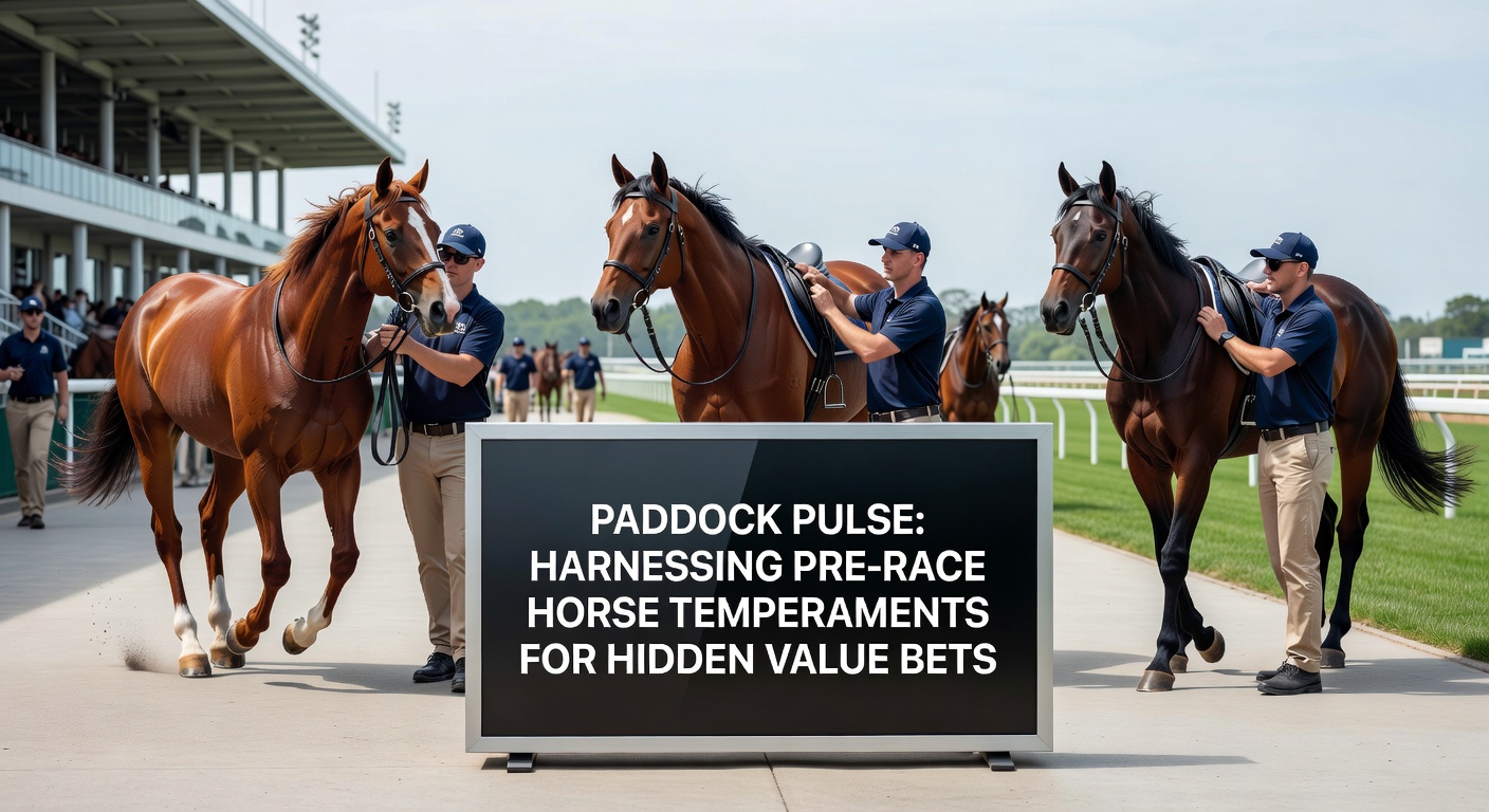 Close-up of a horse's tense expression and sweaty coat in the paddock, contrasting with a relaxed companion