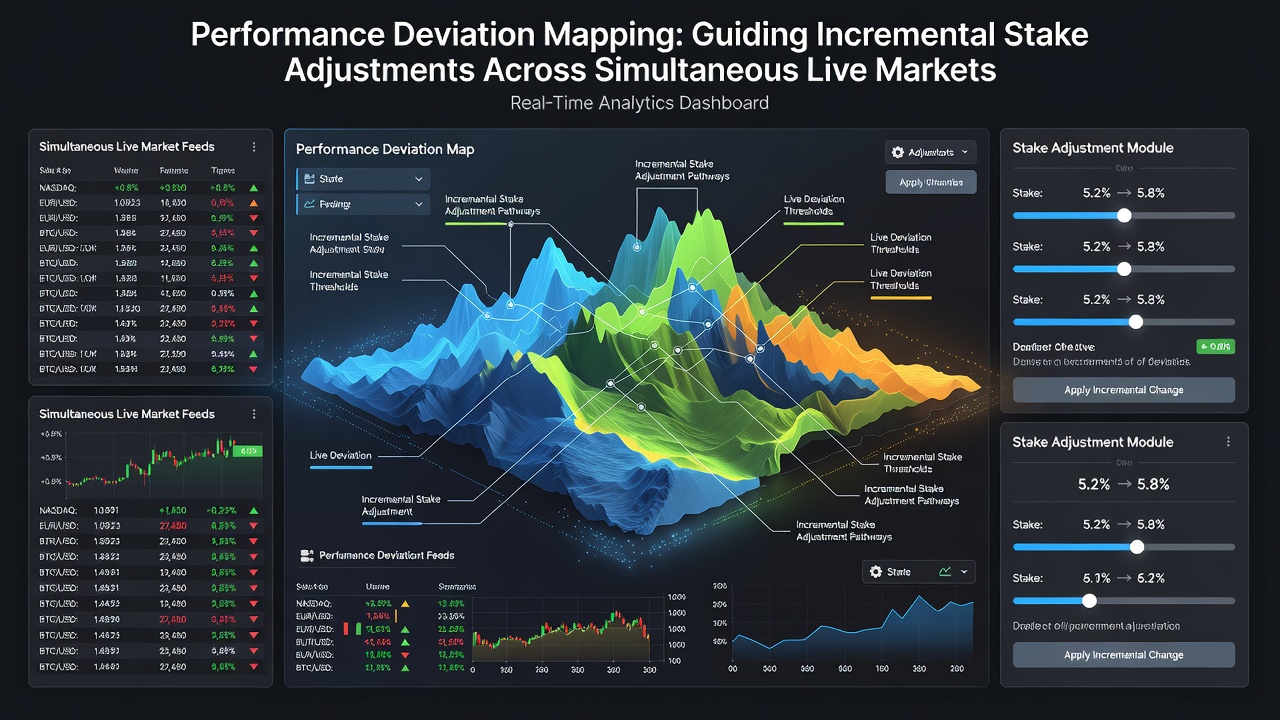 Dashboard view of incremental stake adjustments guided by performance deviation scores across concurrent live events