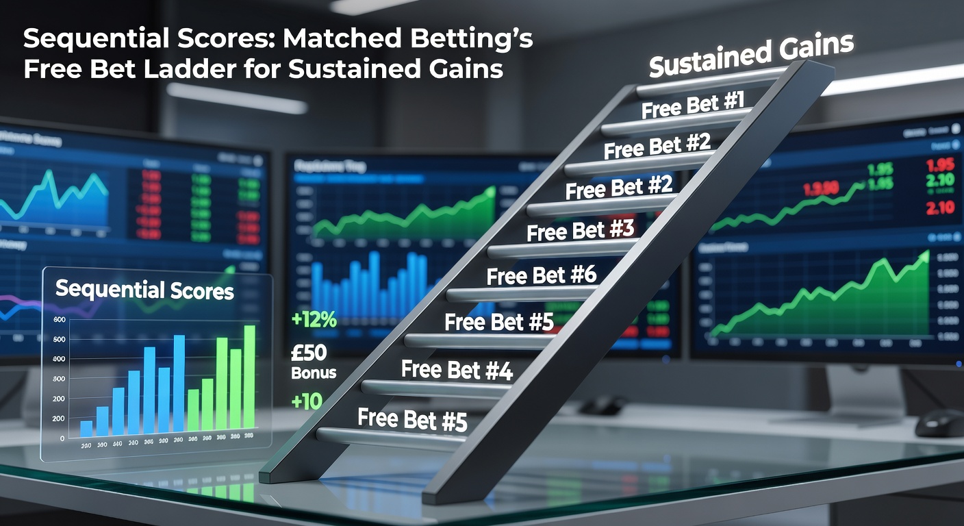 Visual diagram illustrating the sequential scores ladder in matched betting, showing stacked free bet promotions building toward compounded gains