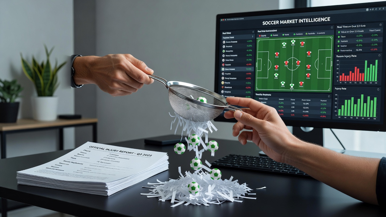 Analyst reviewing soccer injury statistics on multiple screens with charts and team lineups