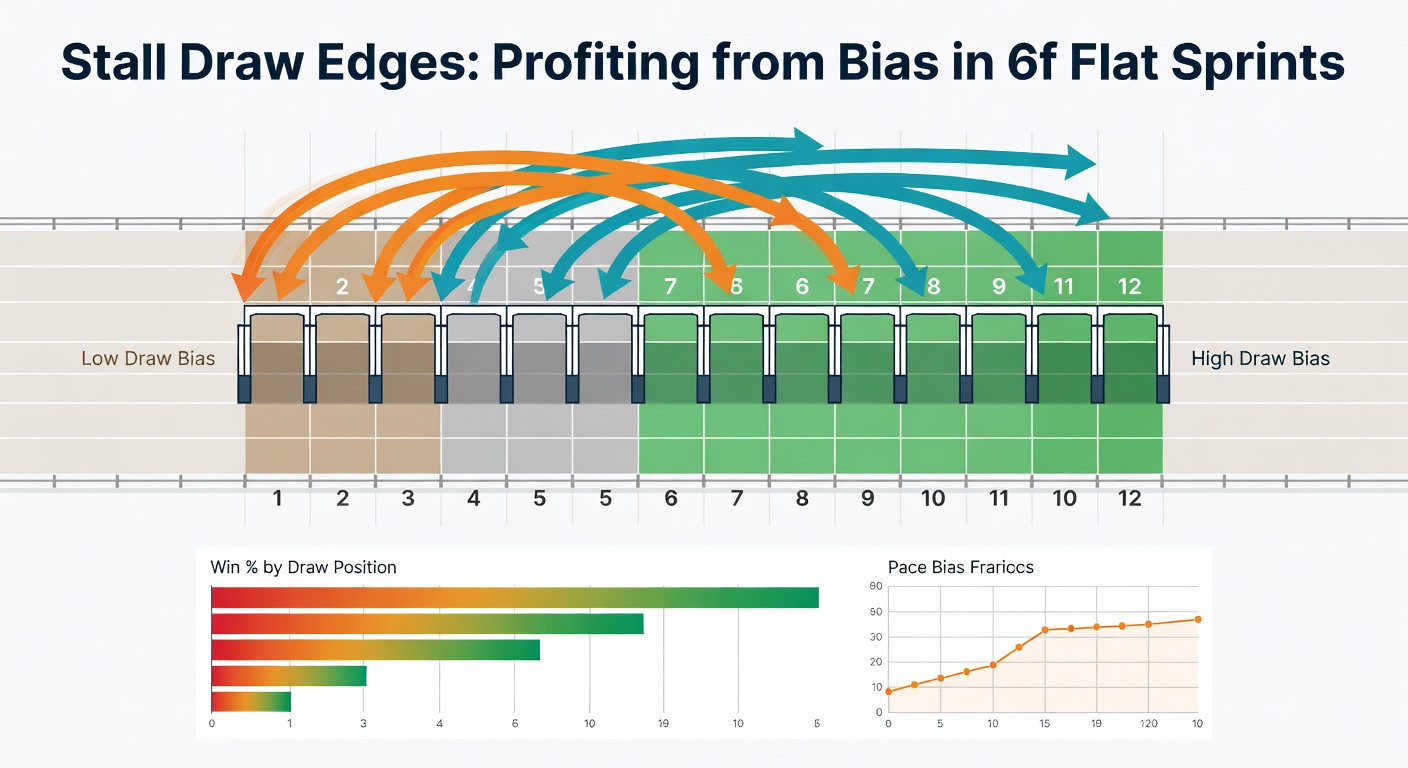 Visual guide to stall positions and draw bias patterns at a typical 6f flat sprint track, highlighting low-stall advantages