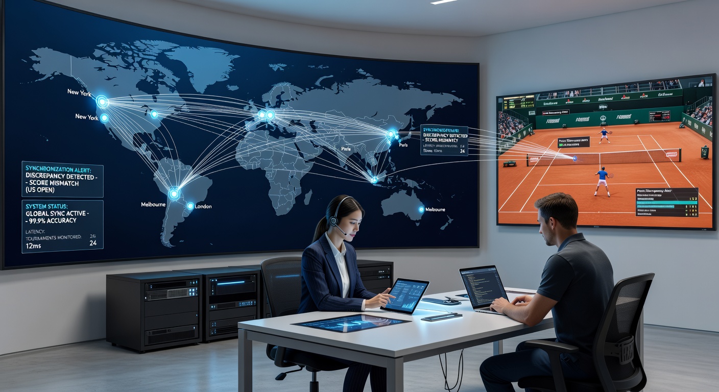 Network diagram showing synchronized alert systems linking multiple tennis tournament data centers worldwide