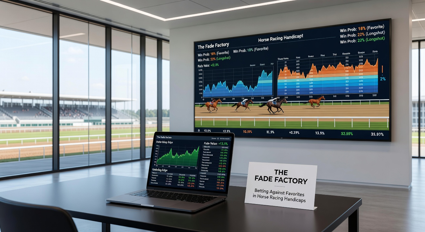 Horse racing field with a longshot overtaking favorites in a handicap race, illustrating fade opportunities