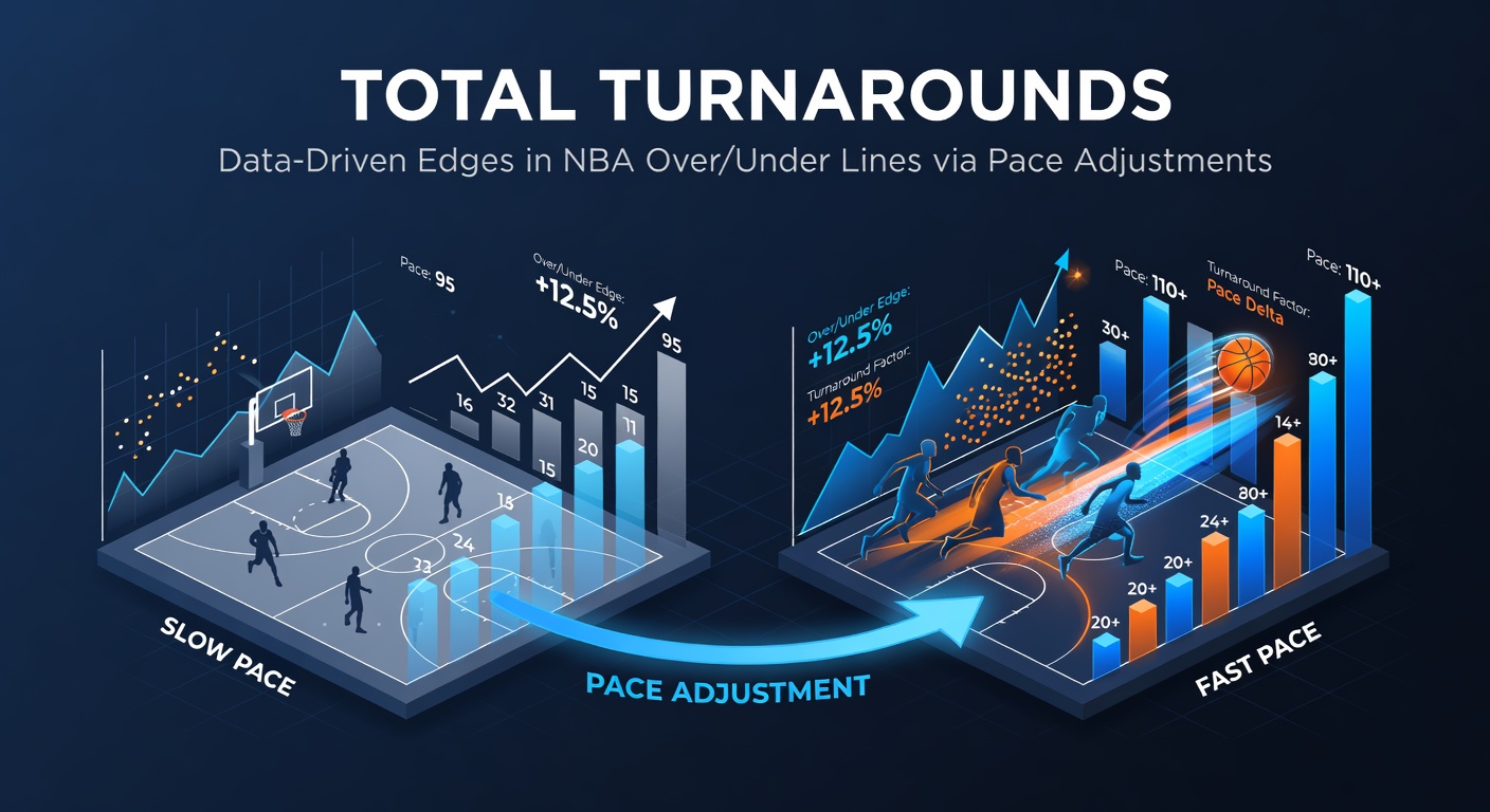 NBA court graphic showing fast-paced action with players sprinting and scoring, overlaid with pace metrics and over/under line charts