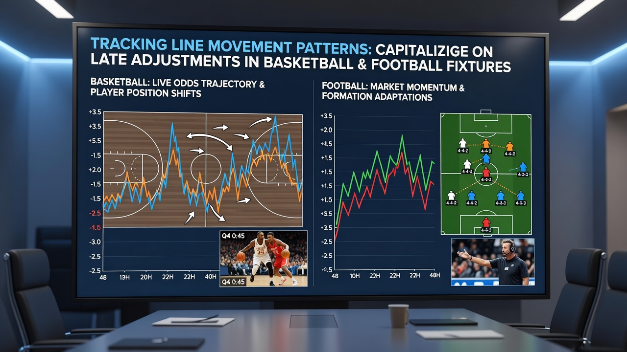 Graph illustrating late line adjustments in football and basketball fixtures with volume indicators