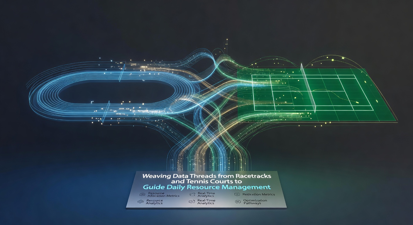 Data visualization showing interconnected threads of racetrack performance metrics and tennis court statistics flowing into resource allocation models